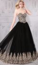 Chic A Line Sweetheart Long Black Tulle Gold Lace Applique Prom Dress
