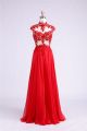 Chic High Neck Cap Sleeve Long Red Chiffon Lace See Through Prom Dress