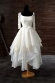 Civil Scoop Neck 3 4 Sleeve Tea Length Ivory Lace Ruffle Wedding Dress Bow Belt