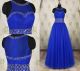 Classic A Line Scoop Neck Long Royal Blue Tulle Beaded Prom Dress