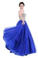 Classic A Line Strapless Corset Long Royal Blue Tulle Beaded Prom Dress