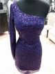 Column One Shoulder Short Mini Purple Sequin Prom Dress With Sleeve