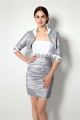 Column Strapless Short Silver And White Taffeta Ruched Evening Dress With Bolero Jacket