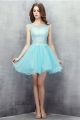 Cute Ball Bateau Neckline Short Aqua Tulle Lace Beaded Prom Dress