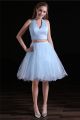 Cute Halter Two Piece Light Blue Tulle Short Prom Dress