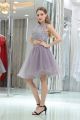 Cute Sleeveless Short Grey Lace Tulle Two Piece Cocktail Prom Dress