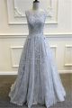 Elegant A Line Boat Neck Low Back Long Silver Lace Prom Dress With Belt