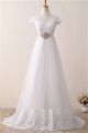 Elegant A Line V Neck Cap Sleeve Tulle Lace Wedding Dress Crystals Sash