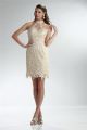 Elegant Column Halter Short Champagne Venice Lace Beaded Prom Dress