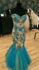 Elegant Mermaid Sweetheart Champagne Satin Teal Tulle Lace Prom Dress