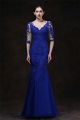 Elegant Mermaid V Neck Royal Blue Tulle Lace Special Occsaion Evening Dress With Sleeves