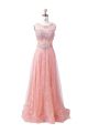 Elegant Scoop Neck Sleeveless Long Blush Pink Tulle Lace Beaded Prom Dress