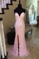 Elegant Sheath Sweetheart High Slit Long Light Pink Lace Prom Dress