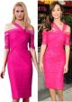 Emmy Rossum Inspired Column Cold Shoulder Pencil Skirt Hot Pink Tulle Ruched Evening Dress