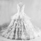 Fairy Ball Gown Illusion Neckline Sheer Back Tulle Flower Wedding Dress With Long Train