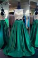 Fantastic A Line High Neck Two Piece Emerald Green Satin Beaded Prom Dress