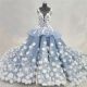 Fantastic Ball Gown Illusion Neckline Dusty Blue Organza Lace Applique Peplum Wedding Dress