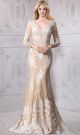 Fantastic Mermaid V Neck Long Sleeve Champagne Tulle Ivory Lace Wedding Dress