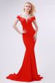 Fantastic Sheath Open Back Red Satin Tulle Beaded Evening Prom Dress With Sleeves