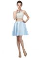 Fashion Halter Two Piece Cutout Back Short Light Blue Satin Pearl Prom Dress