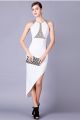 Fashion Scoop Neck High Low White Satin Beaded Special Occsaion Evening Dress