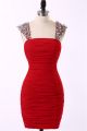 Fitted Column Short Red Chiffon Ruched Prom Dress With Beading Straps