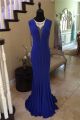 Fitted Deep V Neck Sleeveless Royal Blue Jersey Beaded Prom Dress