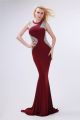 Fitted High Neck Open Back Long Burgundy Jersey Beaded Prom Dress