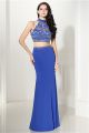 Fitted High Neck Two Piece Floor Length Royal Blue Satin Beaded Prom Dress