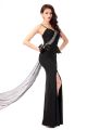 Fitted High Slit Floral Strap Long Black Jersey Beaded Evening Prom Dress