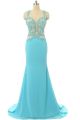 Fitted Illusion Neckline Open Back Long Turquoise Chiffon Lace Beaded Prom Dress