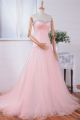 Fitted Line Strapless Light Pink Tulle Lace Beaded Prom Dress