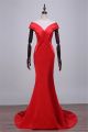 Fitted Off The Shoulder Red Satin Couture Special Occasion Evening Dress
