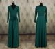 Fitted Scoop Neck Long Sleeve Dark Green Jersey Evening Dress With Sash