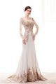 Fitted Scoop Neck White Satin Gold Lace See Through Prom Dress With Sleeves