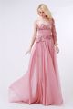 Flowing One Shoulder Long Sleeve Pink Chiffon Flower Beaded Prom Dress