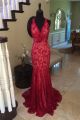 Formal Mermaid V Neck Open Back Red Lace Beaded Evening Prom Dress