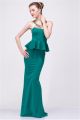 Formal Sheath Sheer Back Long Jade Green Satin Beaded Peplum Evening Dress