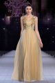Gorgeous A Line Open Back Long Gold Tulle Applique Beaded Special Occasion Evening Dress
