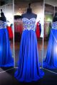 Gorgeous A Line Strapless Long Royal Blue Chiffon Rhinestone Prom Dress