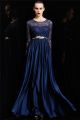Gorgeous Boat Neck Long Navy Blue Silk Lace Sleeve Evening Prom Dress With Belt