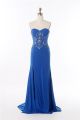 Gorgeous High Slit See Through Royal Blue Jersey Tulle Beaded Prom Dress