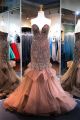 Gorgeous Mermaid Deep Sweetheart Neckline Brown Tulle Ruffle Beaded Prom Dress