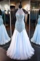 Gorgeous Mermaid Halter Light Sky Blue Tulle Beaded Prom Dress