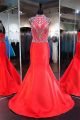 Gorgeous Mermaid High Neck Open Back Cap Sleeve Red Satin Beaded Prom Dress