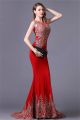 Gorgeous Mermaid Illusion Neckline Red Satin Gold Lace Applique Special Occasion Evening Dress