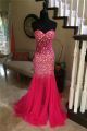 Gorgeous Mermaid Sweetheart Hot Pink Tulle Beaded See Through Prom Dress