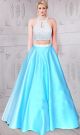 Graceful Front Keyhole Open Back Light Blue Satin Beaded Two Piece Prom Dress