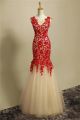 Graceful Mermaid Champagne Tulle Red Lace Prom Dress
