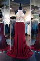 Halter Burgundy Jersey Champagne Tulle Beaded See Through Prom Dress With Slit